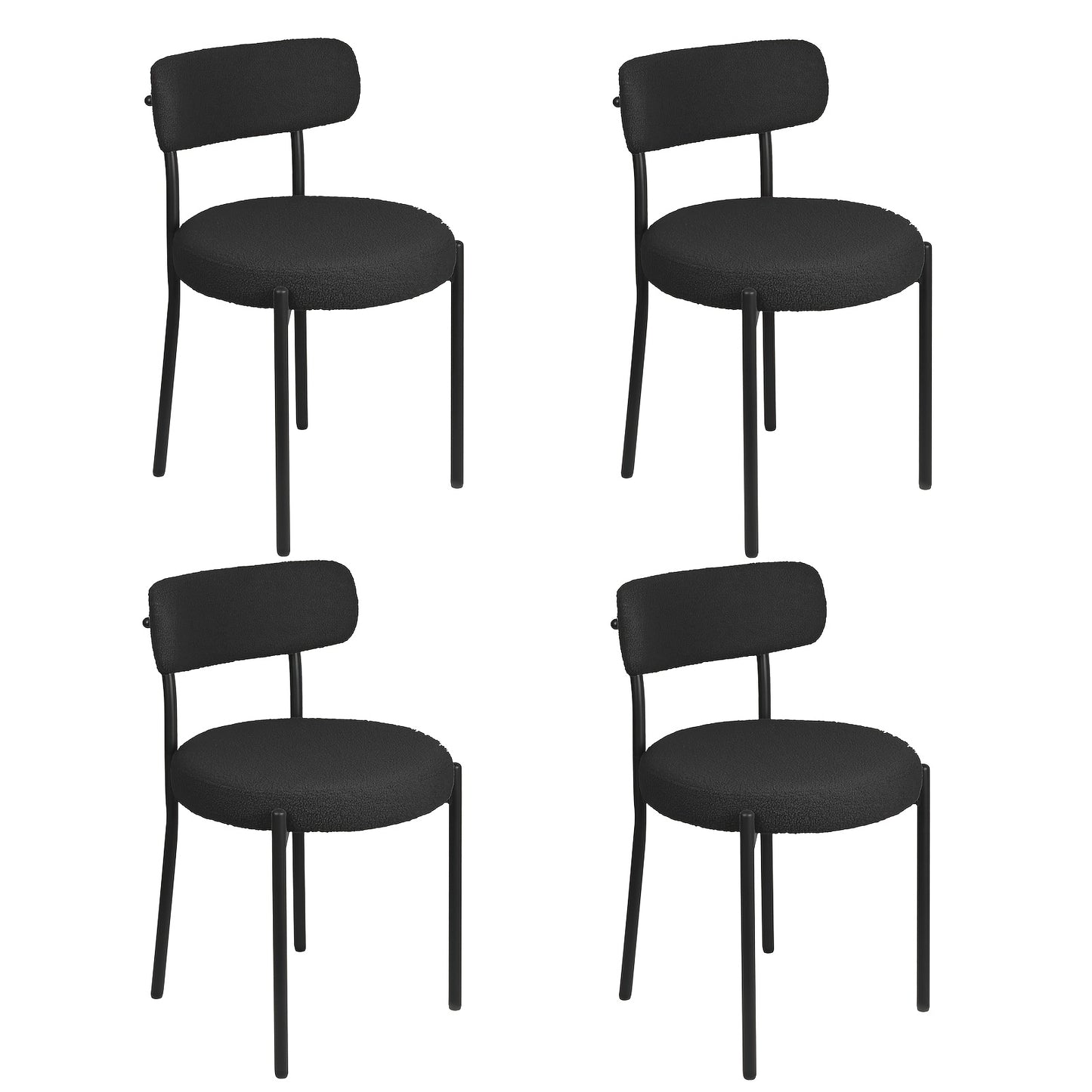Boucle Fabric Dining Chairs Set Of 4, Round Upholstered Dining Room Chairs with Black Metal Legs, Open Back Design, Modern Kitchen Dining Room Chairs for Kitchen, Living Room(4pcs, Black), Dining Table Chairs, Kitchen Table A