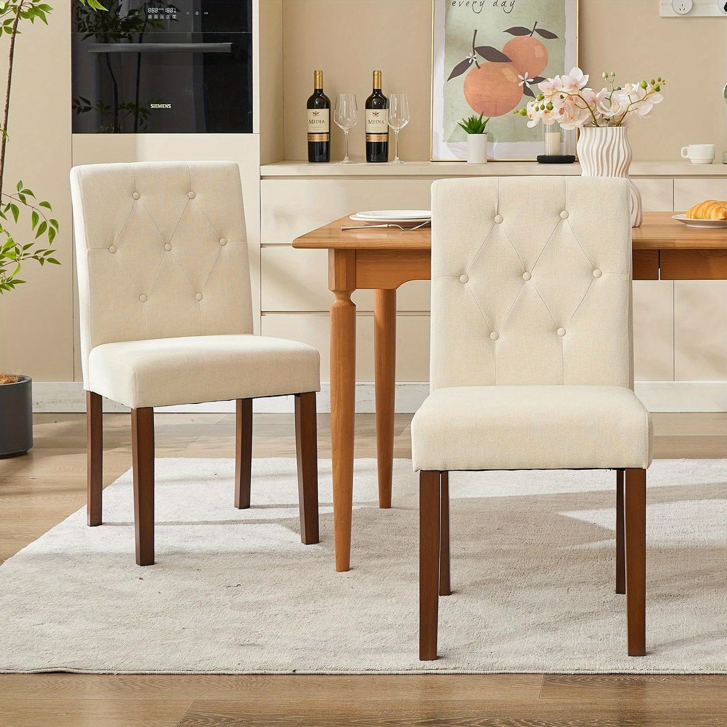 Eetkamerstoelen – Stoelen – Dining Chairs – Keukenstoelen – Zitmeubels – Beige Set van 2 – Stevig Houten Frame – Comfortabele Gevoerde Zitting