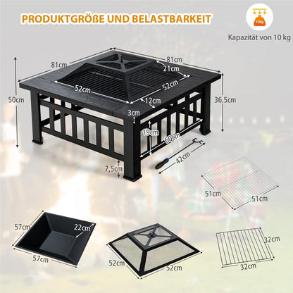 Vuurschaal – Vuurkorf – Tuinhaard – Sfeerhaard – Terrasverwarmer – Staal – 81x81x50 cm – 3-in-1 Multifunctioneel Met Grillrooster & Vonkenscherm