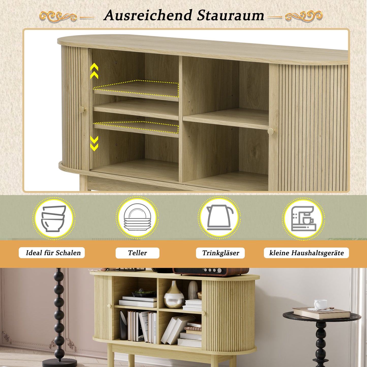 Dressoir – Sideboard – Opbergkast – Ladekast – Kast – Natuurlijk Hout – Verstelbare Planken – Pinehouten Poten – 138 cm Breed