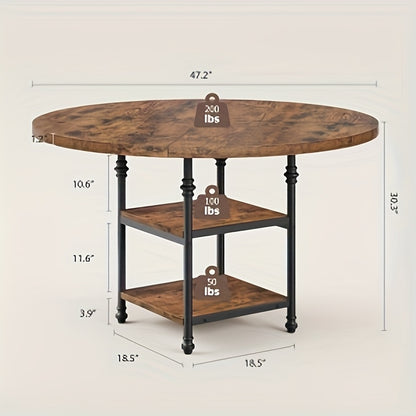 Ronde Eettafel – Ronde Tafel – Dining Table – Eetkamertafel – Keukentafel – Met Opbergplank – Massief Houten Blad – Gouden Metalen Poten – 119 cm – Geschikt voor 4-6 Personen
