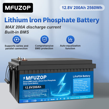 Lithium Accu – Lithium Batterij – Lithium Accupack – Marine Accu – Offgrid Accu – 12V 200Ah LiFePO4 Batterijen – Smart BMS Ingebouwd – Duurzame Diepe Cyclus - QUORE