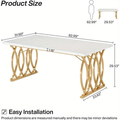 Eettafel – Tafel – Keukentafel – Dinertafel – Tafeltje – Rechthoekig – Wit Faux Marmeren Blad – Gouden Geometrische Poten – 160x80 cm – Geschikt voor 4-6 Personen