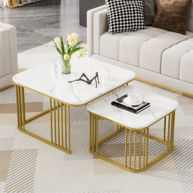 Salontafel – Bijzettafel – Woonkamertafel – Koffietafel – Nesting Tables – Hoogglans Marmerlook – Gouden Metalen Poten – Set van 2 – 70x70x45 cm & 50x50x36,5 cm
