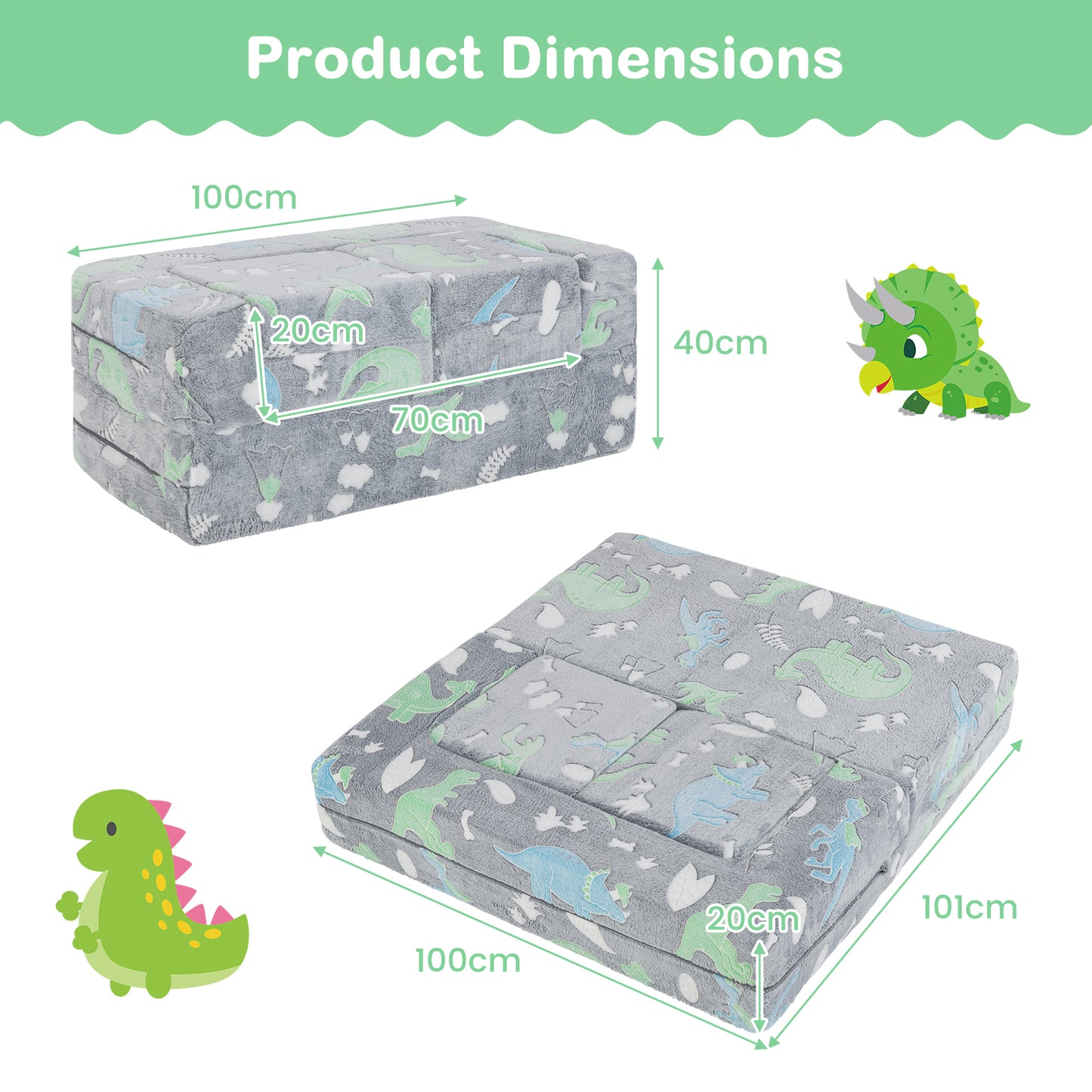 Kinderbankje – Speelbankje – Zitzak – Speelset – Poppentheater – Lichtgevend Dinosaurusmotief – Modulair 2-zits Slaapbankje – Zachte Flanellen Bekleding – Wasbaar In De Machine