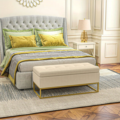 Opbergbank – Opbergmeubel – Zitbank – Halbank – Fluwelen Bank Beige – Met Opbergruimte – Goudkleurige Stalen Poten – 110x44x49 cm