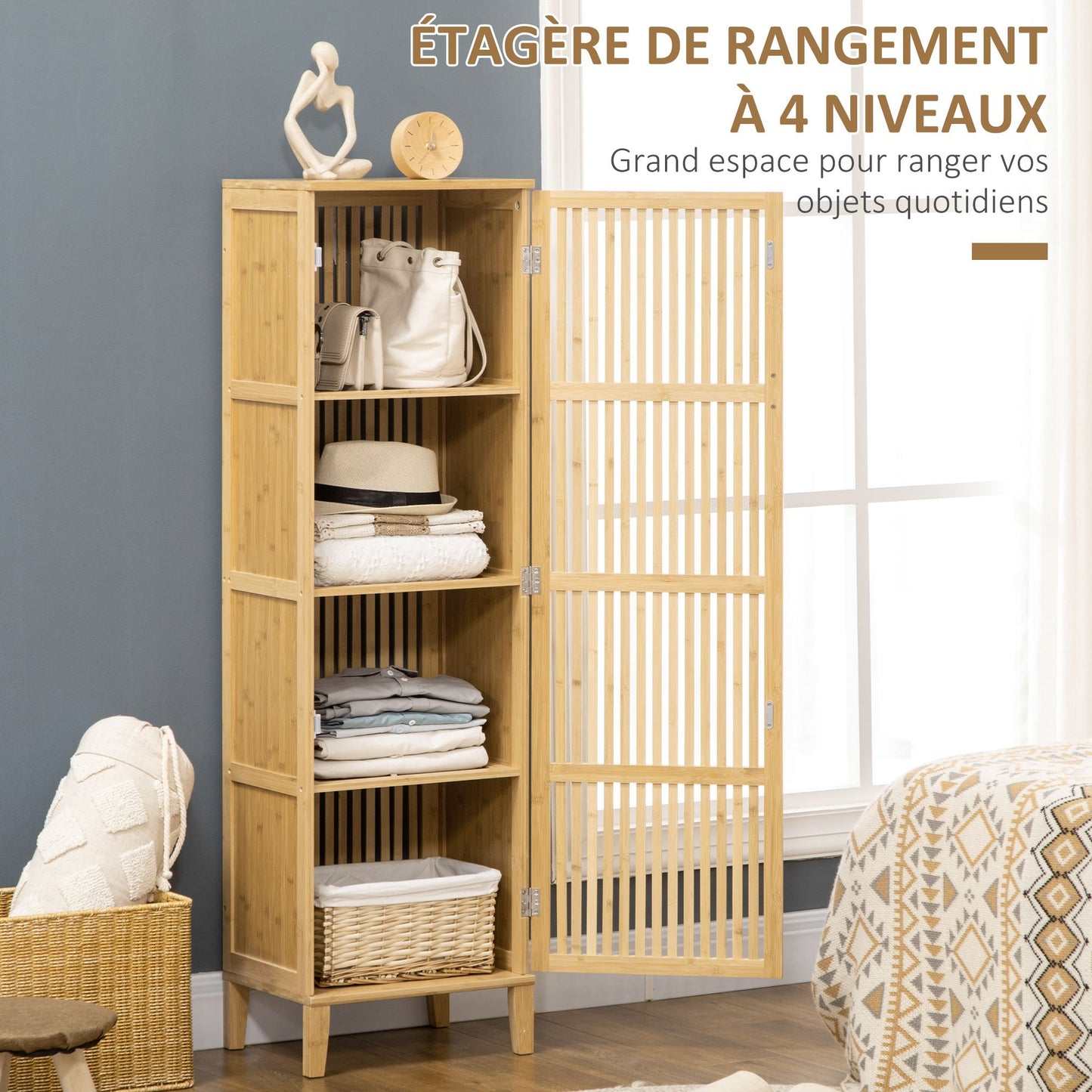 Bamboekast – Opbergkast – Badkamerkast – Boekenkast – Ladekast – Natuurmateriaal Bamboe – 4 Niveaus Met Latten Deuren – Compact 40x30x140 cm