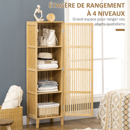 Bamboekast – Opbergkast – Badkamerkast – Boekenkast – Ladekast – Natuurmateriaal Bamboe – 4 Niveaus Met Latten Deuren – Compact 40x30x140 cm