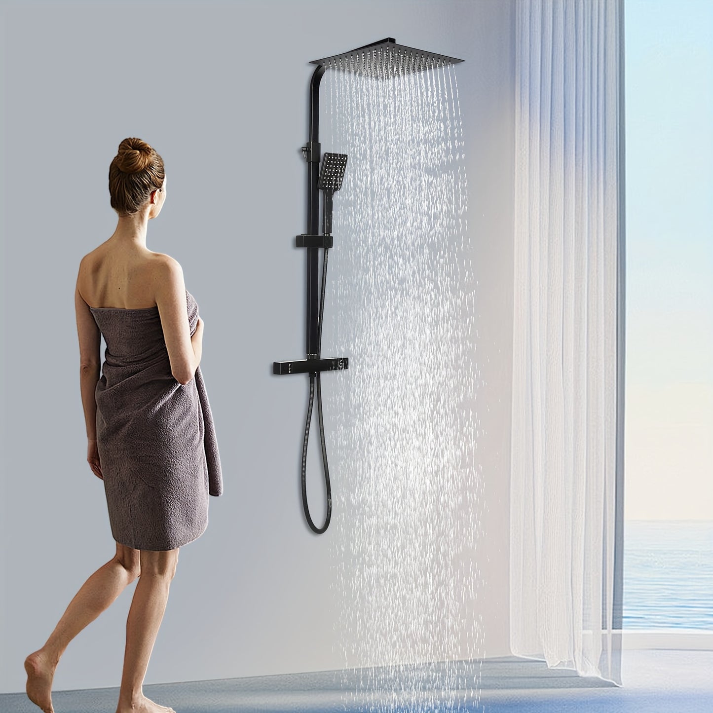 Zwarte Douche Set – Regendouche – Handdouche – Doucheset – Thermostaatkraan – Vierkant – 30x30 cm – Verstelbare Douchestang – Veiligheidsstop 38°C