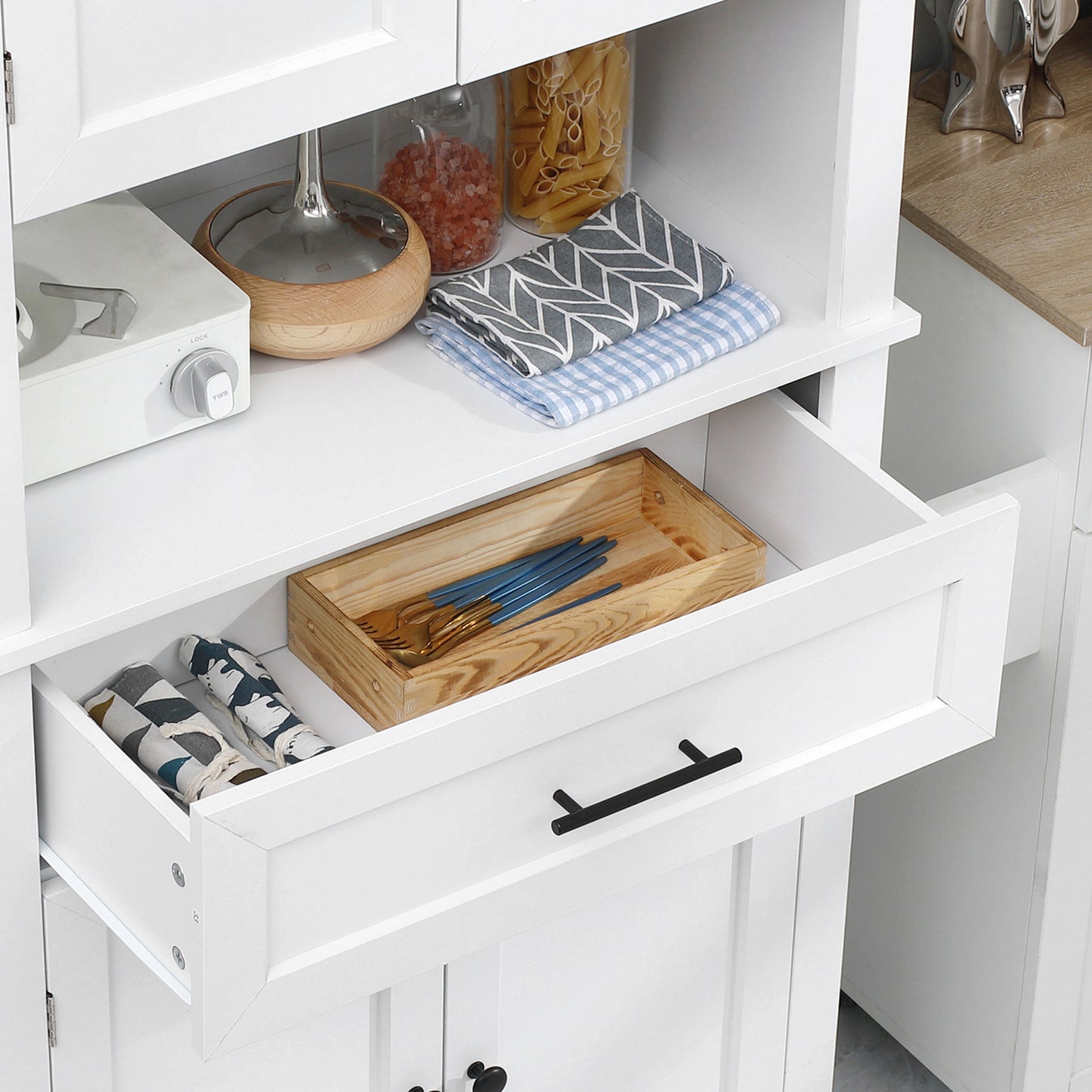 Opbergkast Keukenkast Buffetkast Dressoir Kastenwand Wit – Modern Design – Verstelbare Planken & Compact Formaat 74x39,5x183 cm