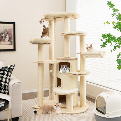 Krabpaal Kat – Klimpaal Kattenmeubel – Krabboom Kattenhuis – Kattenboom Met Hol – Beige Kattenmeubel – 173 Cm Hoog – Stevig Massief Hout Met Sisal