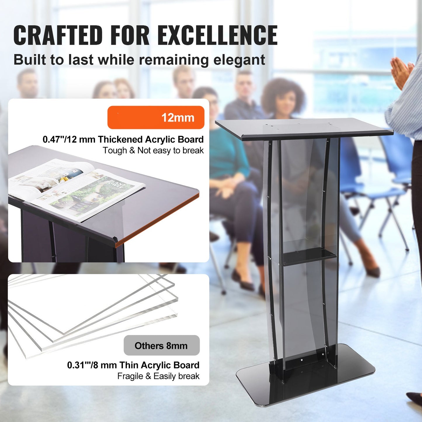 Acryl Podium – Sprekersstandaard – Presentatiepult – Lectern – Transparant Podium – Hoogte 120 cm – Dikke Heldere Acrylplaat – Opbergruimte en Penhouder – Zwarte Accenten