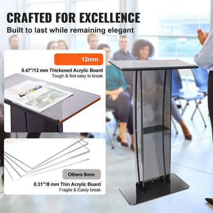 Acryl Podium – Sprekersstandaard – Presentatiepult – Lectern – Transparant Podium – Hoogte 120 cm – Dikke Heldere Acrylplaat – Opbergruimte en Penhouder – Zwarte Accenten