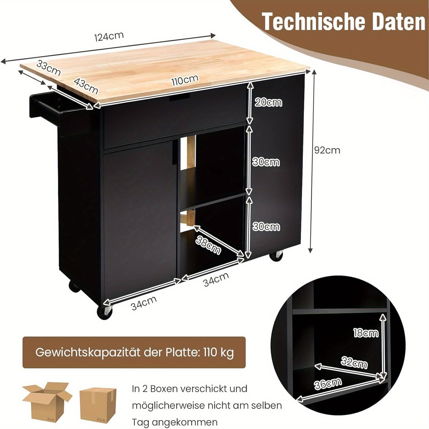 Keukentrolley – Serveerwagen – Keukenwagen – Opbergwagen – Werktafel – Vouwblad 124x76 cm – Stevige MDF en rubberwood constructie – 5 Zwenkwielen met Remmen – Compact en Mobiel – Zwart