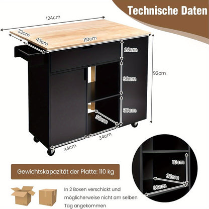 Keukentrolley – Serveerwagen – Keukenwagen – Opbergwagen – Werktafel – Vouwblad 124x76 cm – Stevige MDF en rubberwood constructie – 5 Zwenkwielen met Remmen – Compact en Mobiel – Zwart