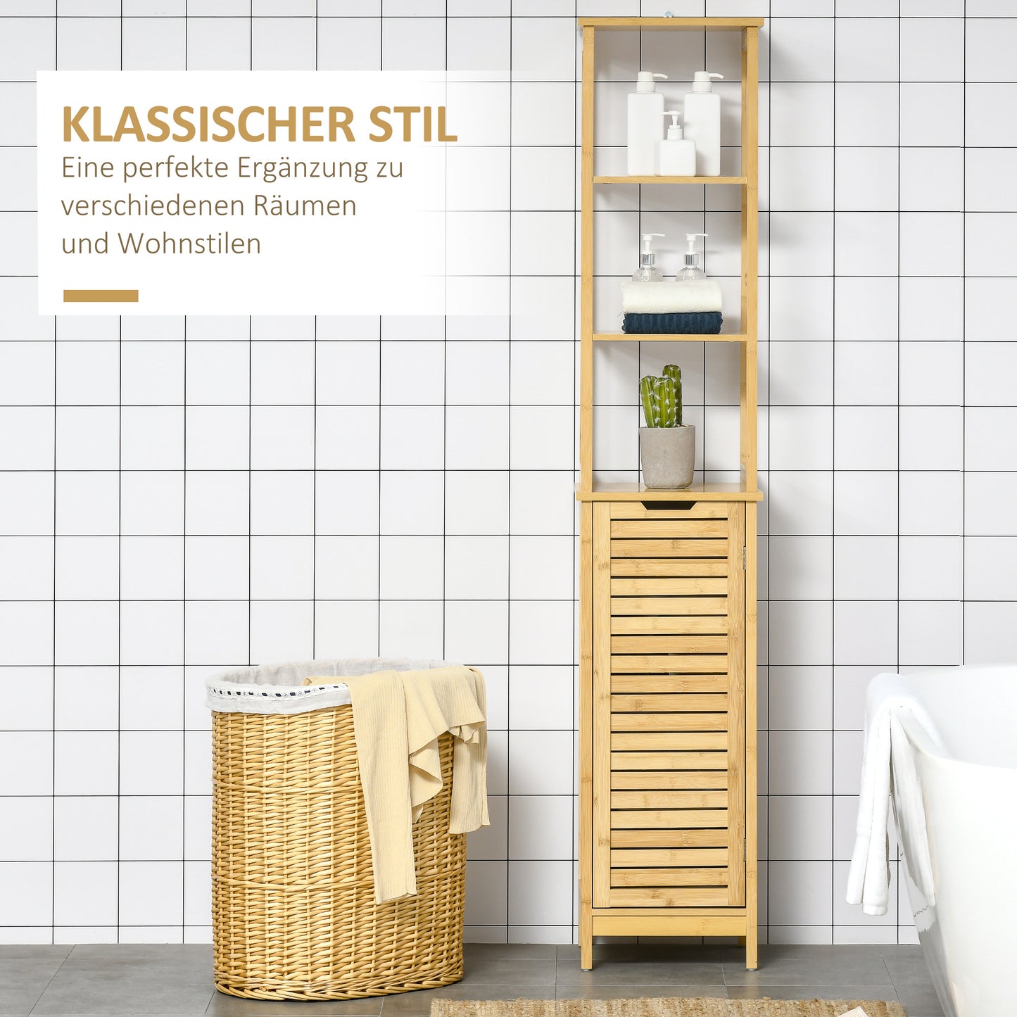 Bamboe Badkamerkast – Smalle Kast – Opbergkast – Badkamer Meubel – Hoog Kastje – Duurzaam Bamboe – Kantelbeveiliging – Compact 34x30x173 cm