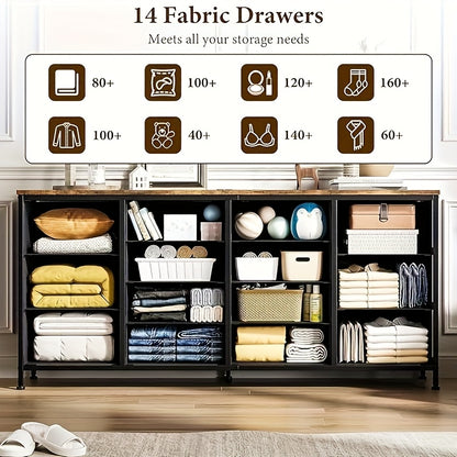 160cm Extra Long TV Cabinet & Bedroom Dresser with 14 Fabric Drawers - Heavy-Duty Hardwood TV Storage Unit, Space-Saving TV Stand with 14 Drawers, Modern Farmhouse Furniture For Living Room, Bedroom, Hallway - Easy Assembly,