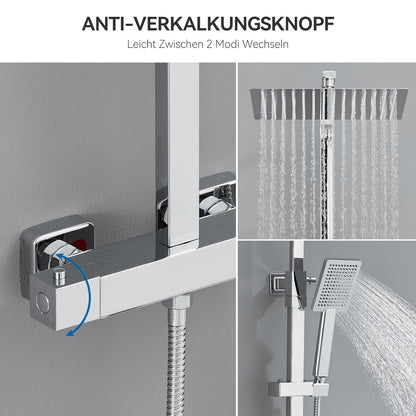 Douchekraan – Doucheset – Thermostaatkraan – Regendouche – Douchekraan Set – RVS – Hoofddouche 30x30 cm – Verstelbare Hoogte 80-124 cm