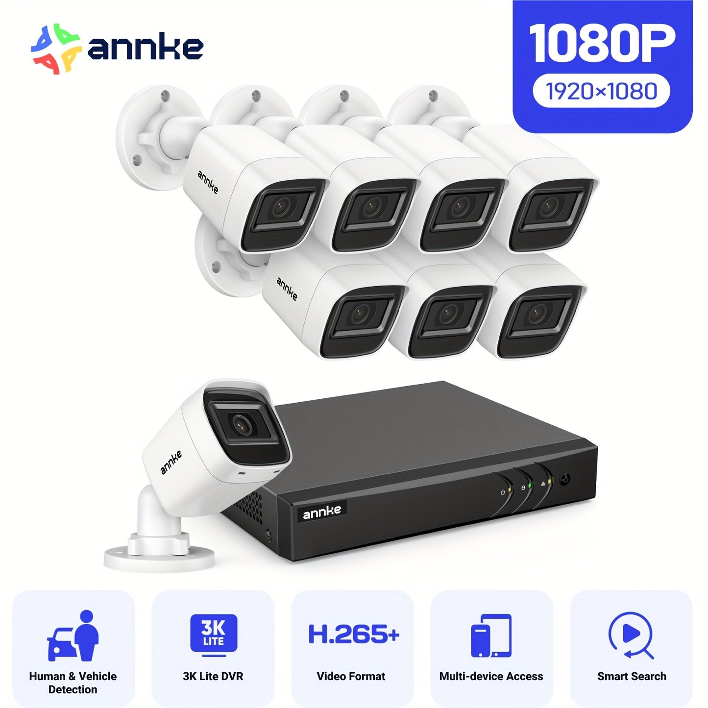 Beveiligingscameraset 8-kanaals – CCTV camera’s – Bewakingscamera systeem – HD cameraset – Video bewaking – AI slimme detectie – 1080P Full HD Nachtzicht tot 19,8m – H.265+ langdurige opslag – 1TB HDD