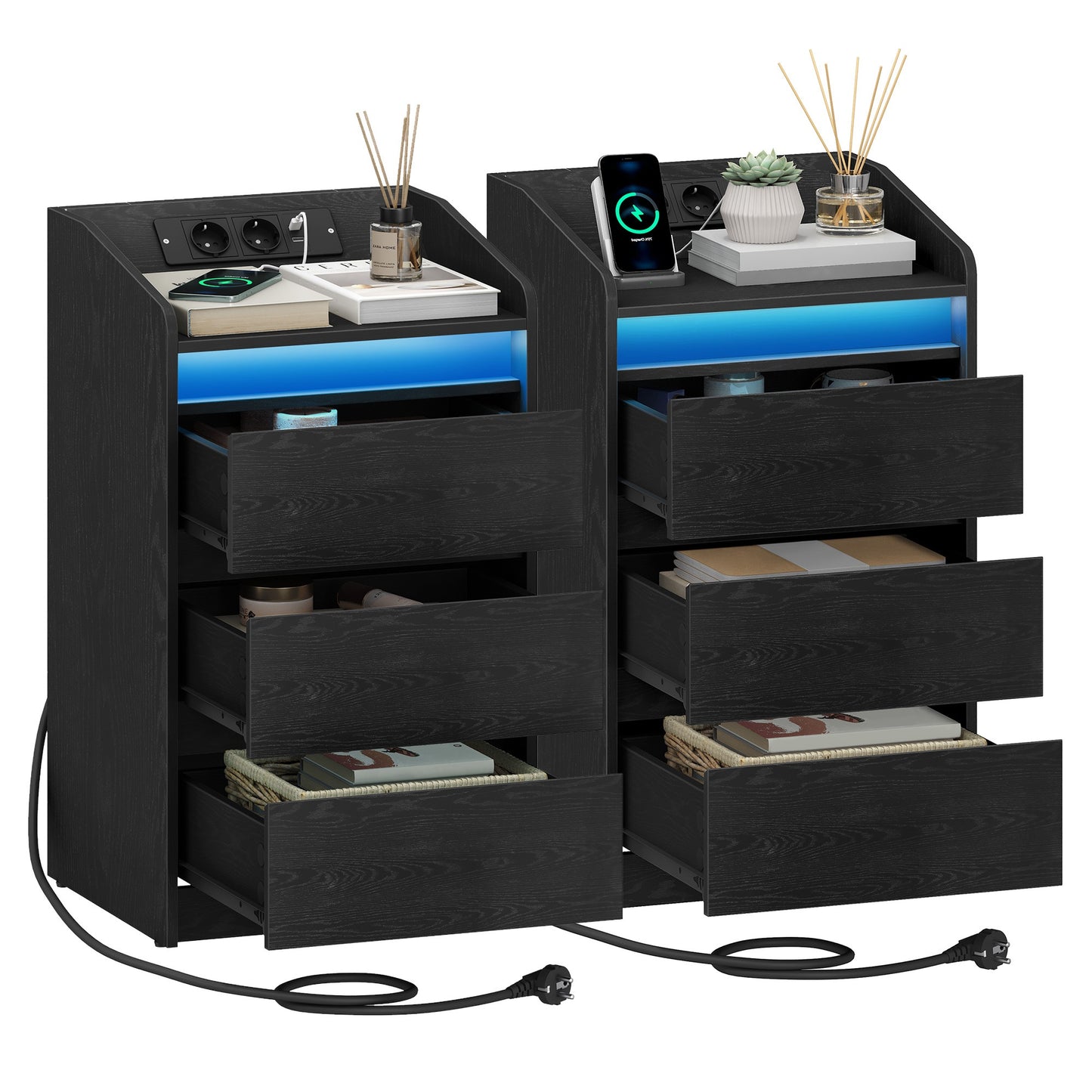 Nachtkastje – Bedkastje – Bijzettafel – Nachtkastjeset – Smalle Nachtkastjes – Set Van 2 – Oplaadstation Met 2 AC- & 2 USB-poorten – LED-Verlichting Met Afstandsbediening