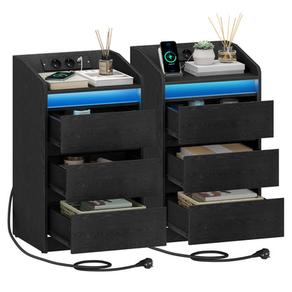 Nachtkastje – Bedkastje – Bijzettafel – Nachtkastjeset – Smalle Nachtkastjes – Set Van 2 – Oplaadstation Met 2 AC- & 2 USB-poorten – LED-Verlichting Met Afstandsbediening