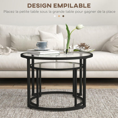 Bijzettafels – Salontafels – Sidetables – Nachtkastjes – Banktafels – Set van 2 Ronde Tafels – Geharde Glazen Tafelbladen – Zwart Carbonstaal Frame