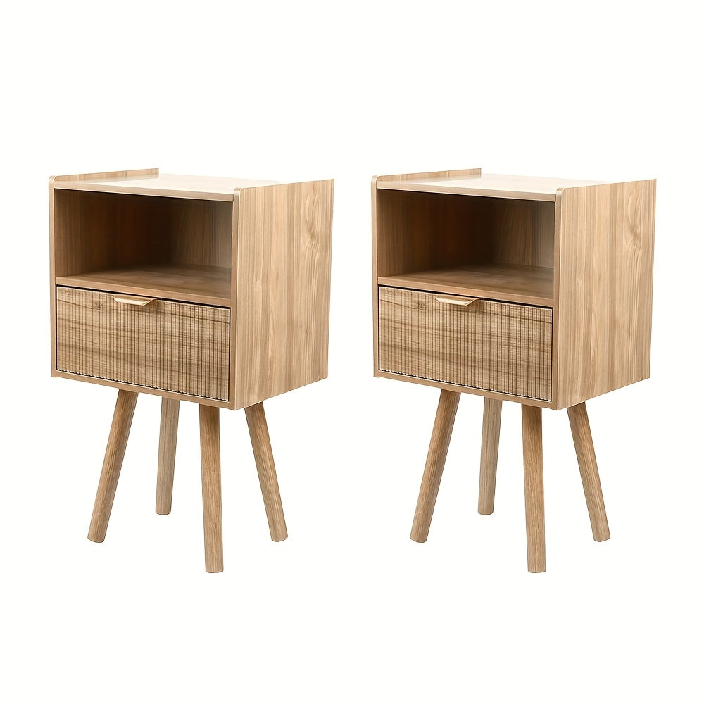 nachtkastje – nachtkastjes – bijzettafel – ladekast – wandkast – Set Van 2 – Licht Eikenhout – Compact 40x30x66 cm – Met Lade En Deurpaneel – Stevige Poot