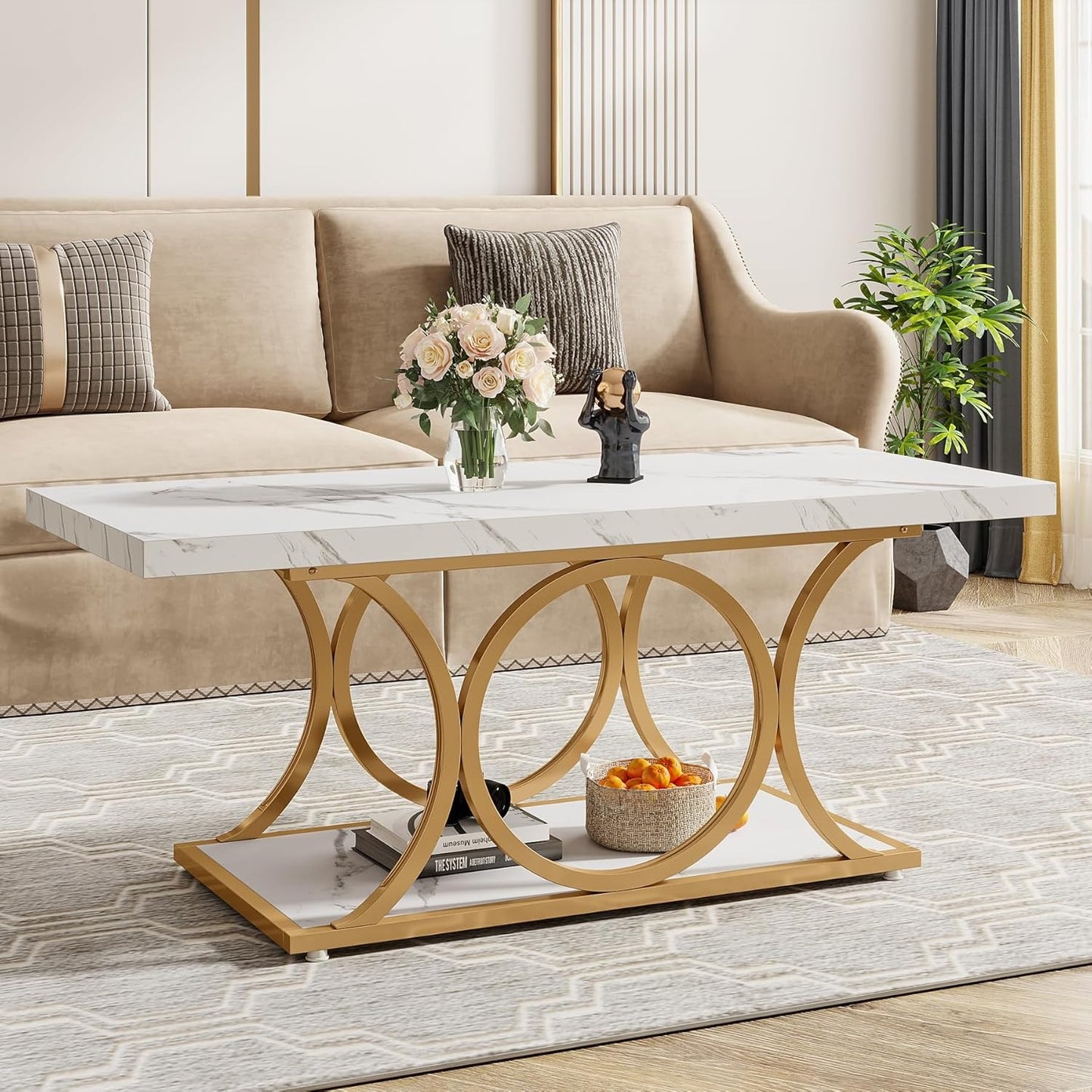 Salontafel – Woonkamertafel – Bijzettafel – Koffietafel – Lounge tafel – 120 cm Wit Goud – Nepmarmeren Blad – Opbergruimte & Geometrisch Metaalframe