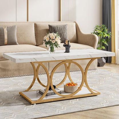 Salontafel – Woonkamertafel – Bijzettafel – Koffietafel – Lounge tafel – 120 cm Wit Goud – Nepmarmeren Blad – Opbergruimte & Geometrisch Metaalframe