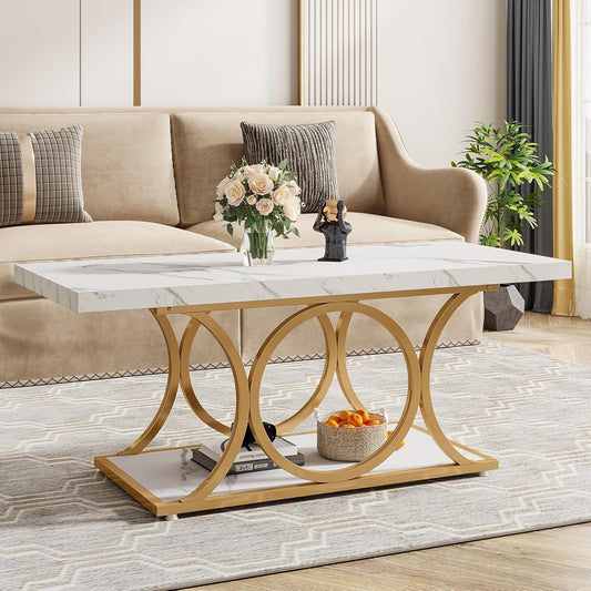 Salontafel – Woonkamertafel – Bijzettafel – Koffietafel – Lounge tafel – 120 cm Wit Goud – Nepmarmeren Blad – Opbergruimte & Geometrisch Metaalframe