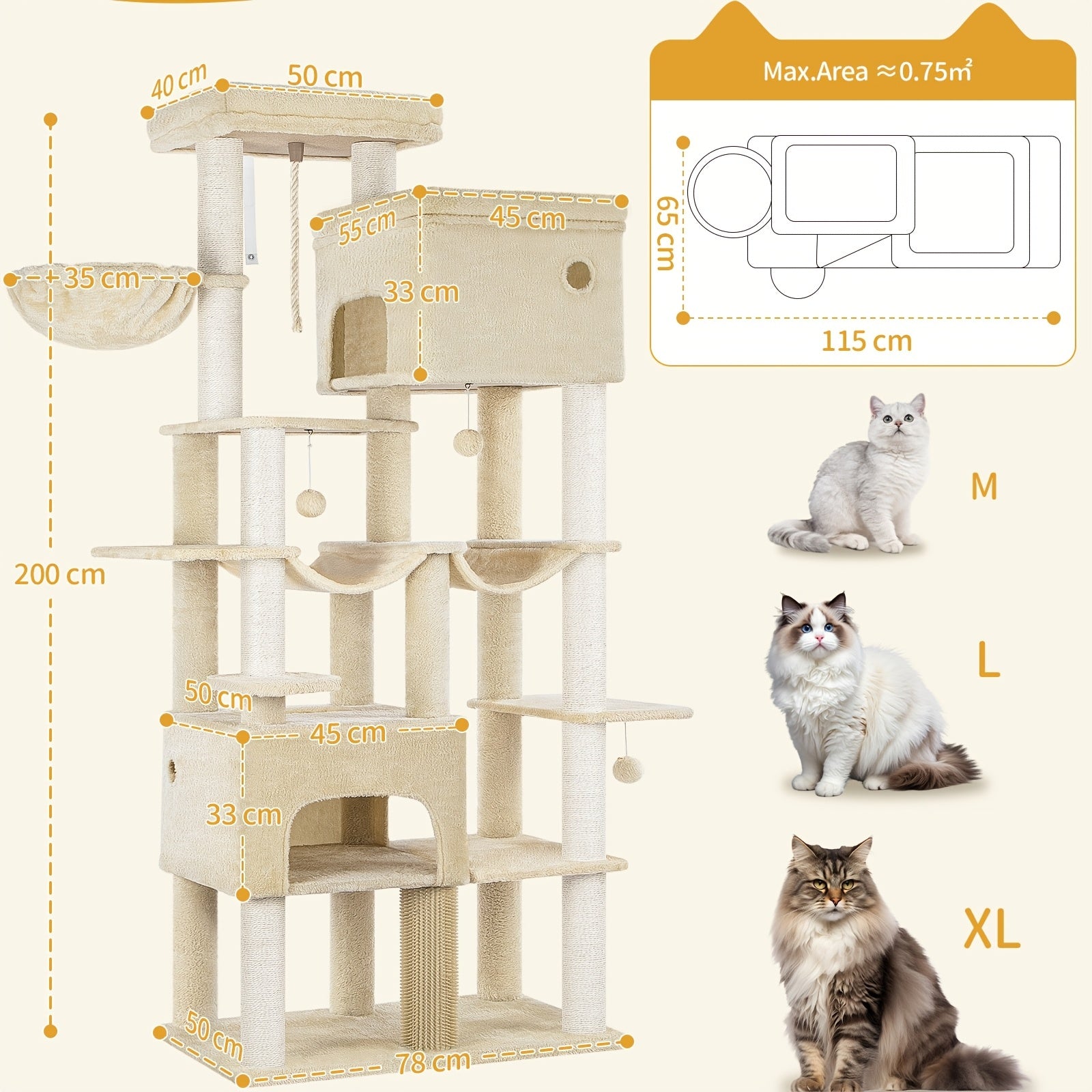 Cat Scratching Post 200cm XXL, Includes 10 Scratching Posts, 2 Cat Beds, 2 Hammocks, Large Platform, Cat Brush, Basket, Heavy-duty Cat Tree, Suitable for Maine Coons And Large Cats, Light Grey, Dark Grey, Beige, Pet Climbing - QUORE