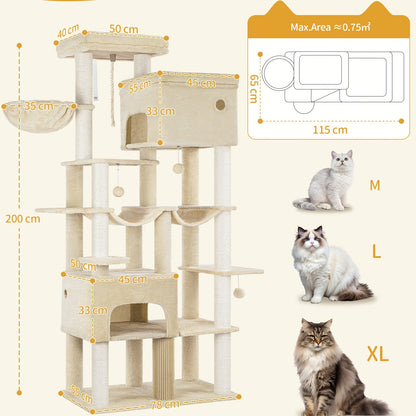 Cat Scratching Post 200cm XXL, Includes 10 Scratching Posts, 2 Cat Beds, 2 Hammocks, Large Platform, Cat Brush, Basket, Heavy-duty Cat Tree, Suitable for Maine Coons And Large Cats, Light Grey, Dark Grey, Beige, Pet Climbing - QUORE