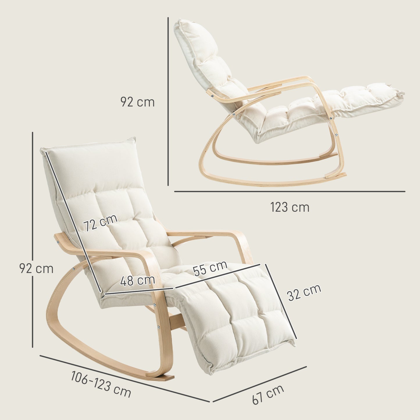 Schommelstoel – Relaxstoel – Fauteuil – Voedingsstoel – Loungestoel – Gestoffeerd – Verstelbare Voetsteun – Birkenhouten Frame – Crème Wit