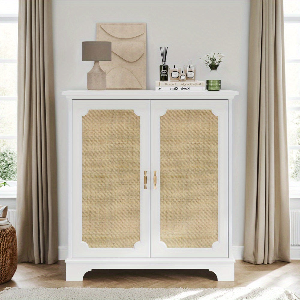 Dressoir – Sideboard – Buffetkast – Opbergkast – Wandkast – Wit Met Rattan Deuren – Duurzaam Zonder Hout – Gemakkelijk Te Monteren