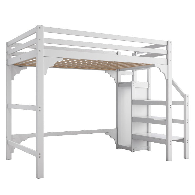 Hoogslaper – High Bed – Stapelbed – Kinderbed – Jeugdbed – 140x200 cm – Wit – Met Lattenbodem en Opbergruimte