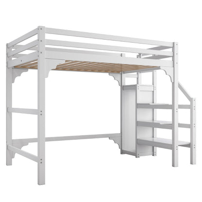 Hoogslaper – High Bed – Stapelbed – Kinderbed – Jeugdbed – 140x200 cm – Wit – Met Lattenbodem en Opbergruimte
