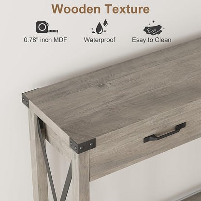 Farmhouse Sidetable – Haltafel – Console Tafel – Sofa Tafel – Sidetable met Lade – Grijs – MDF & Metaal – Compact Ontwerp 110x30 cm