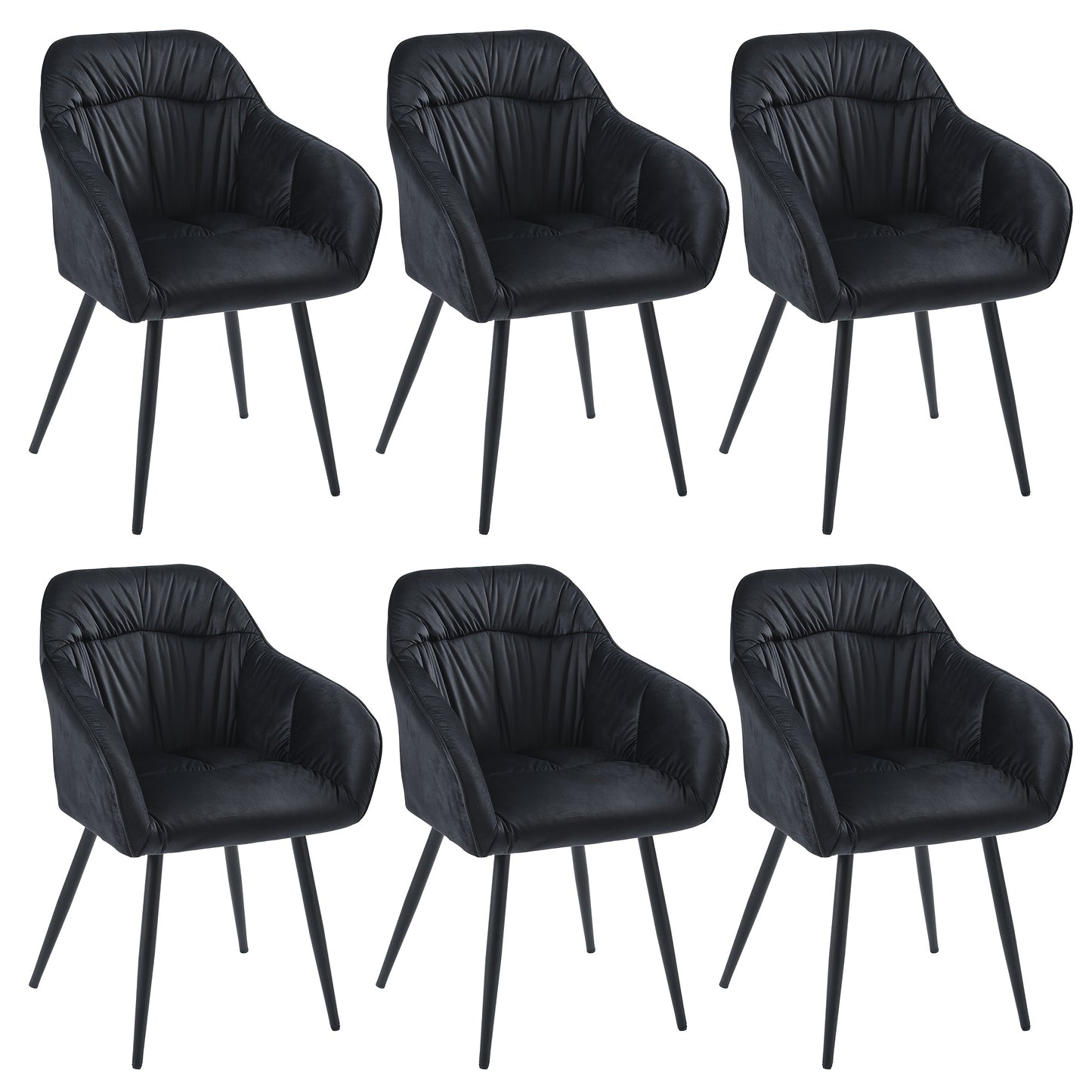 Eetkamerstoel – Stoel – Kuipstoel – Keukenstoel – Woonkamerstoel – Set van 6 – Fluwelen Bekleding – Metalen Poten – Met Armleuning – Verstelbare Voorpoten – Zwart – Eigentijds Design