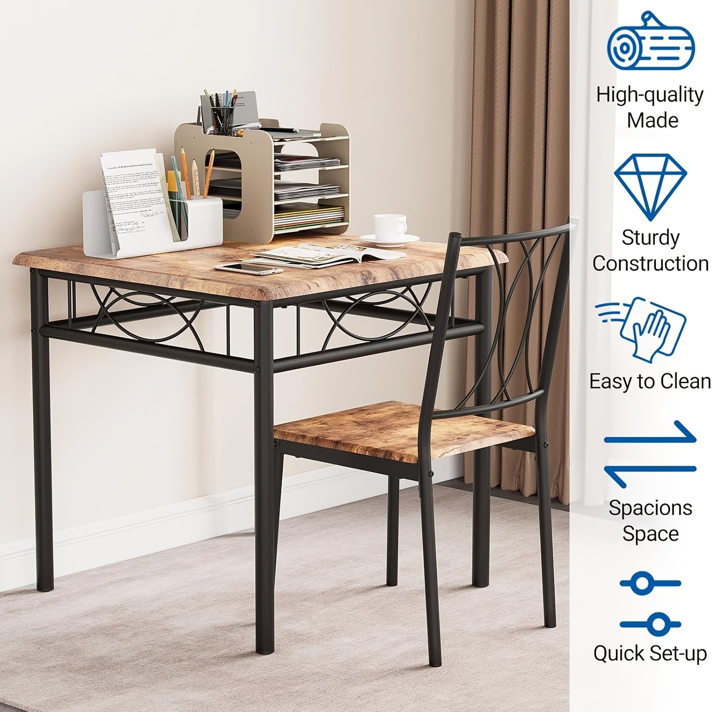 Eettafelset – Eethoek – Keukentafelset – Tafel met Stoelen – 3-delig – Compact Vintage Design – Hardhout en Metaal