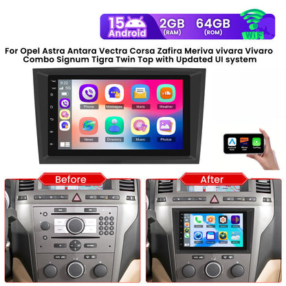PODOFO Android 15 Car Stereo for Opel Astra Antara Vectra Corsa Zafira Meriva Vivaro Combo Signum Tigra Twin Top - 17.78cm HD Touchscreen, Wireless CarPlay/Android Auto, GPS Navigation, WiFi, Backup Camera, Plug & Play, 2GB R
