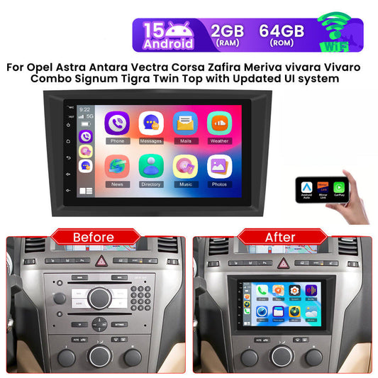 PODOFO Android 15 Car Stereo for Opel Astra Antara Vectra Corsa Zafira Meriva Vivaro Combo Signum Tigra Twin Top - 17.78cm HD Touchscreen, Wireless CarPlay/Android Auto, GPS Navigation, WiFi, Backup Camera, Plug & Play, 2GB R