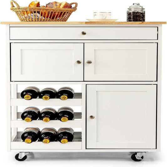 Keukentrolley – Keukenwagen – Serveerwagen – Opbergwagen – Keukenkar – Rubbenhouten frame – 67x37x87 cm – 4 Wielen met Remmen – Inclusief Lade en Wijnrek
