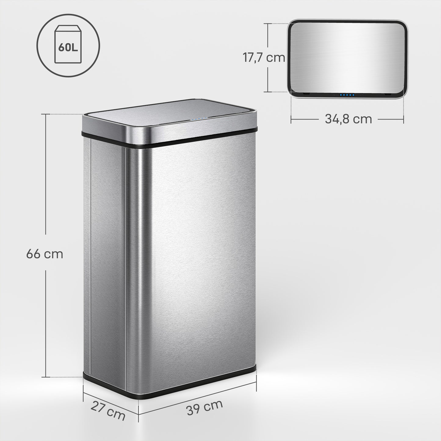 Automatische Prullenbak – Sensor Afvalbak – Touchless Afvalemmer – Bewegingssensor Prullenbak – RVS Vuilnisbak – 60 Liter Capaciteit – Batterijgevoed – Zilverkleurig