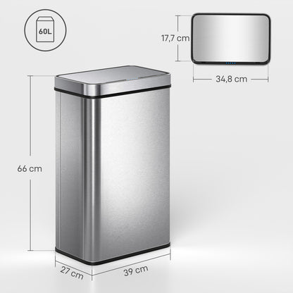 Automatische Prullenbak – Sensor Afvalbak – Touchless Afvalemmer – Bewegingssensor Prullenbak – RVS Vuilnisbak – 60 Liter Capaciteit – Batterijgevoed – Zilverkleurig