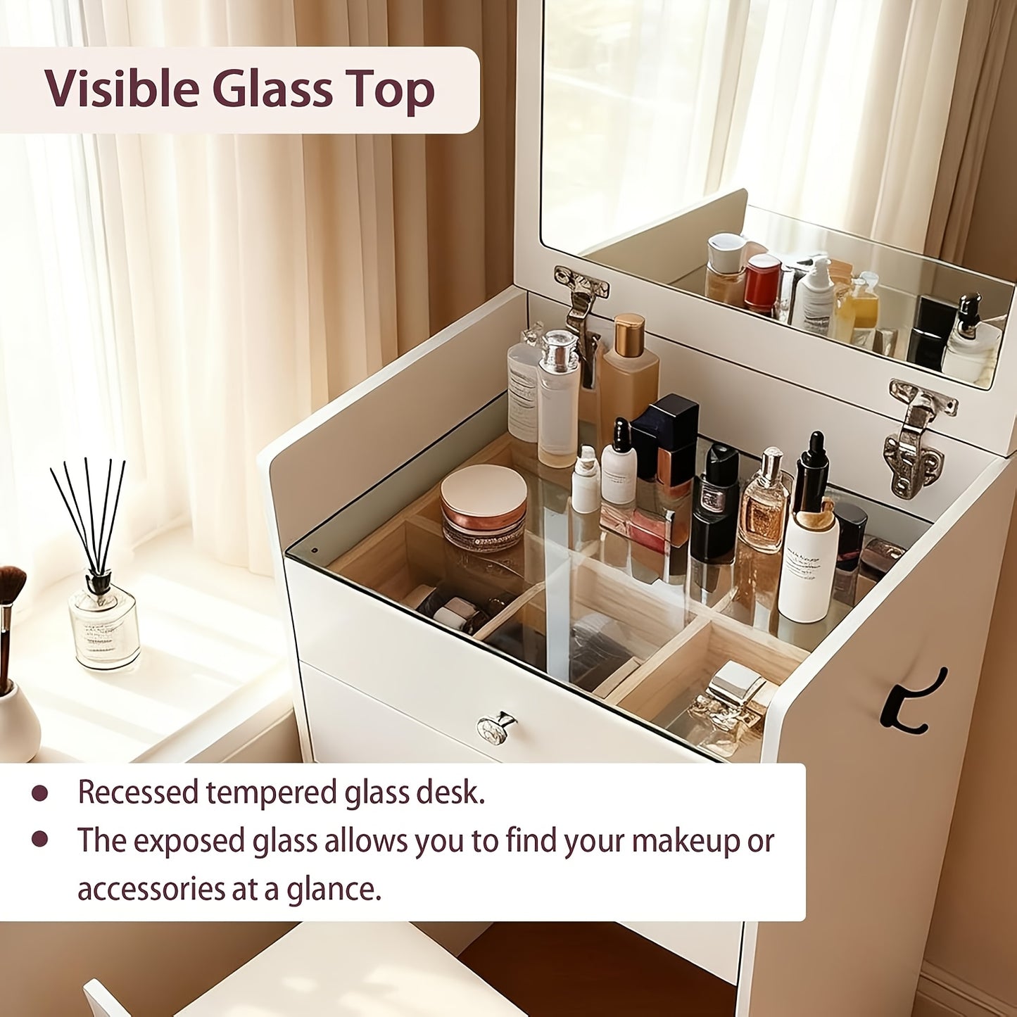 Three-in-one Corner Vanity Unit with 90° Folding Mirror, Glass Worktop, Storage-integrated Padded Stool, Side Hooks for Hanging Cosmetics, Premium Materials And Straightforward Assembly, White Finish, Space-saving Design., B