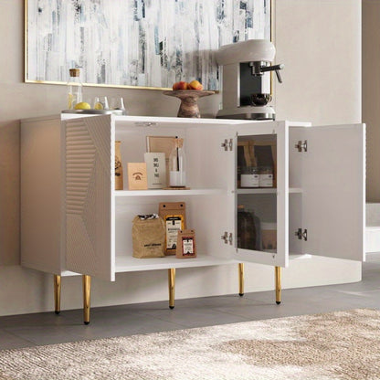 White Commode 3 Doors Glass Front Metal Legs Modern Storage Cabinet 120 cm Wide 38 cm Deep 79.5 cm High Dresser Chest of Drawers