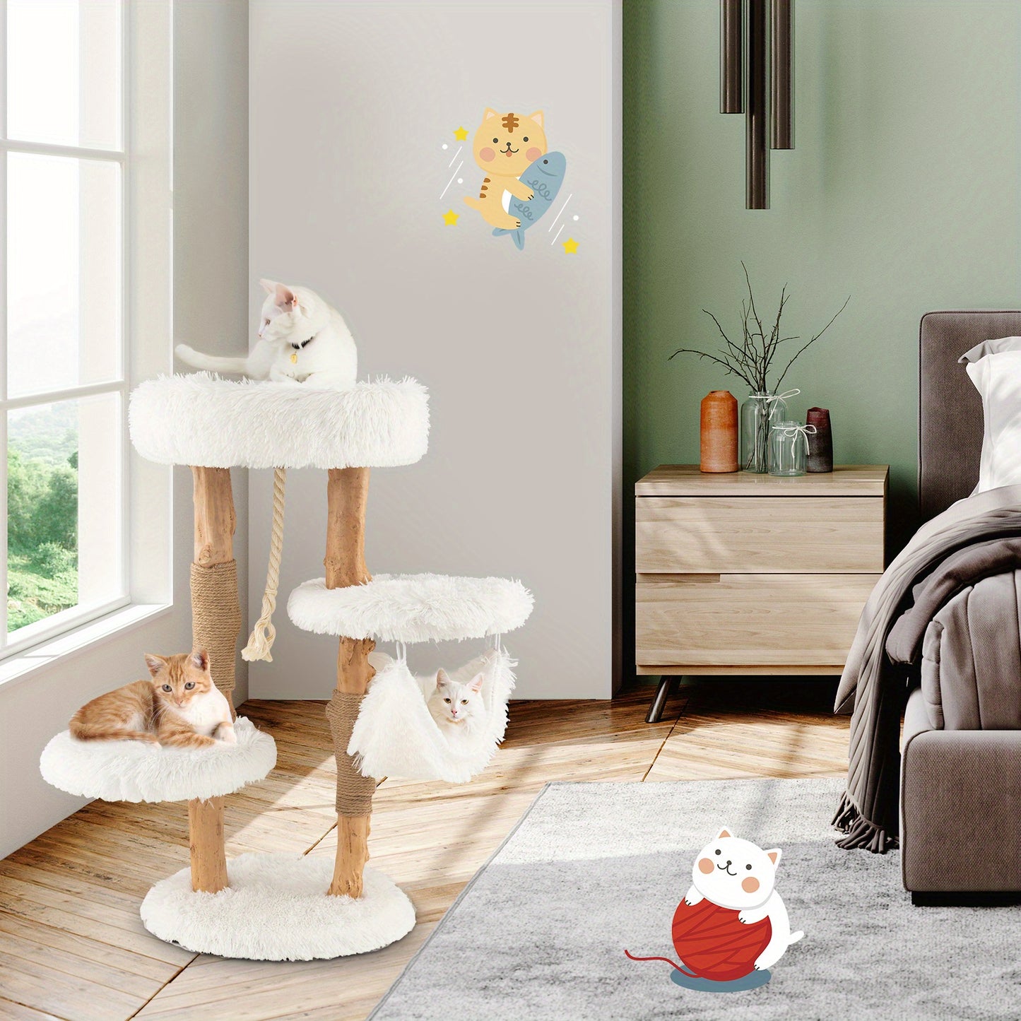 Kattenboom – Krabpaal – Klimmeubel – Kattenmeubel – Kattenligplek – Massief Perenhout – Jute Krabpalen – Meerdere Niveaus – Zacht Kussen – Natuurlijk Design
