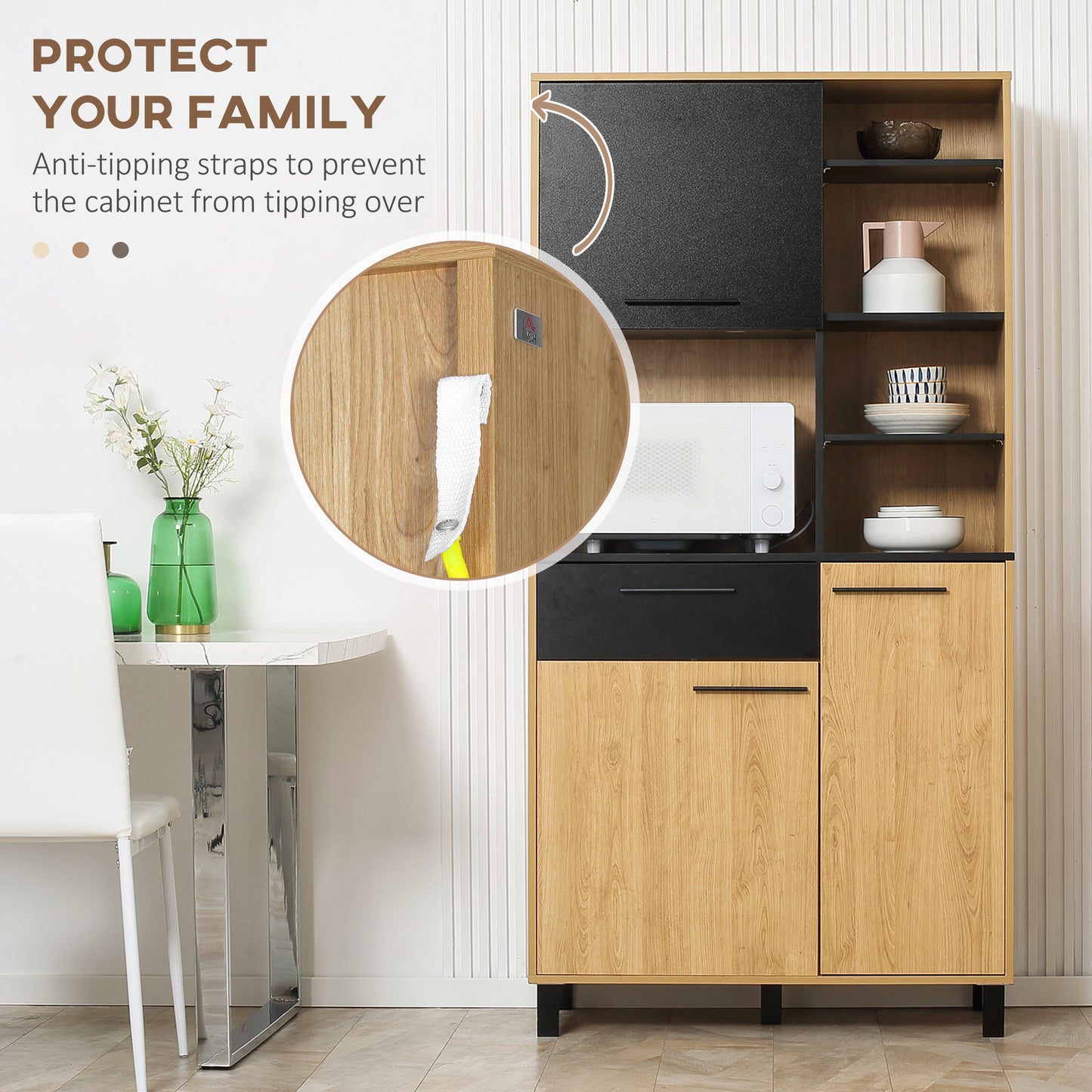 Keukenkast – Buffetkast – Opbergkast – Magnetronkast – Keukenbuffet – Modern Design – Verstelbare Planken – Anti-Kantel Systeem – 180 cm Hoog – Zwart/Naturel Hout