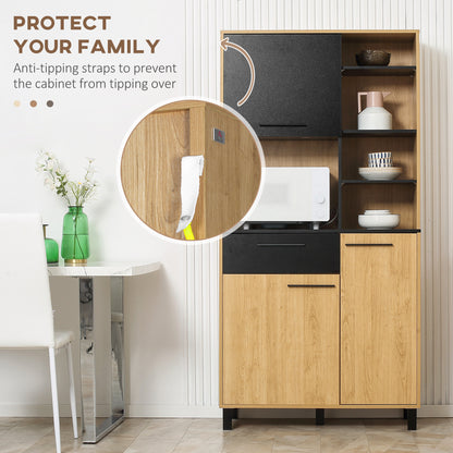 Keukenkast – Buffetkast – Opbergkast – Magnetronkast – Keukenbuffet – Modern Design – Verstelbare Planken – Anti-Kantel Systeem – 180 cm Hoog – Zwart/Naturel Hout