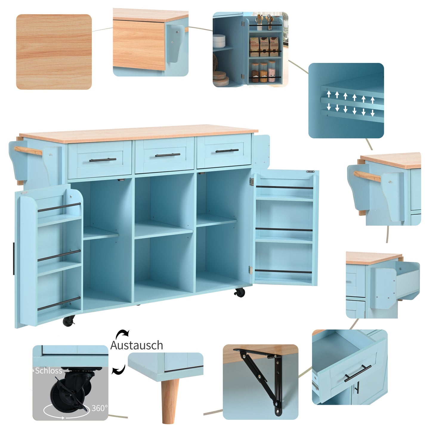 Keukenkar – Serveerwagen – Werktafel – Eettafel – Opbergkast – Uitklapbaar Werkblad – Houtnerf Afwerking – 139×46(71)×91,5 cm – Mobiel Met Wieltjes Of Stevig Houten Onderstel – Veelzijdige Keukenopslag